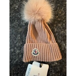 Women's MONCLER Knit Wool Beanie Pom Pom Logo Hat Fox Fur made in ITALY Pink Sm